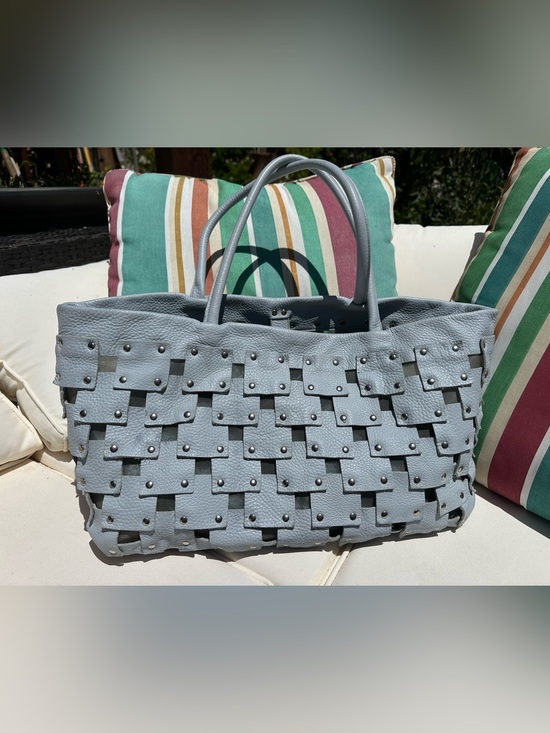berge Handbags - Berge Italy- Light Blue Studded Woven Leather Tote - Women Bags